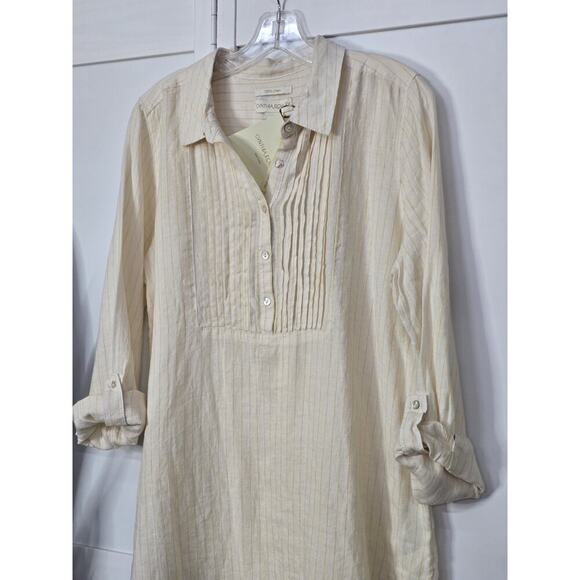 Cynthia Rowley Tunic M 100% Linen Off White Yellow Stripe Pleat Button Shirt Top - Picture 2 of 6